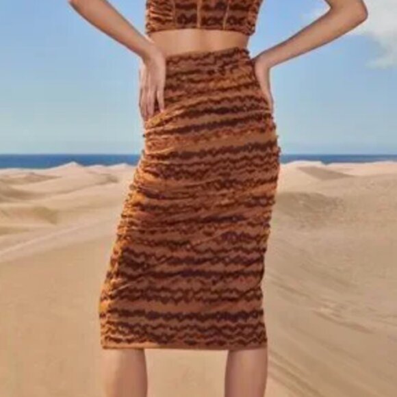 Zara TULLE PENCIL MIDI SKIRT High-waist w/ Elastic Waistband BROWN SIZE Small - Picture 1 of 6